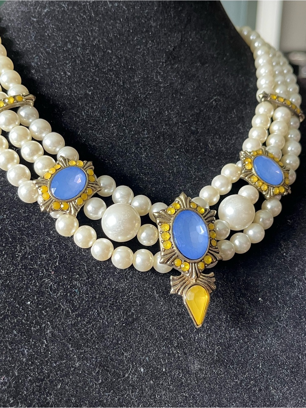 Vintage Faux Pearl Blue Yellow Baroque Statement Necklace Regency Hollywood - Picture 2 of 5